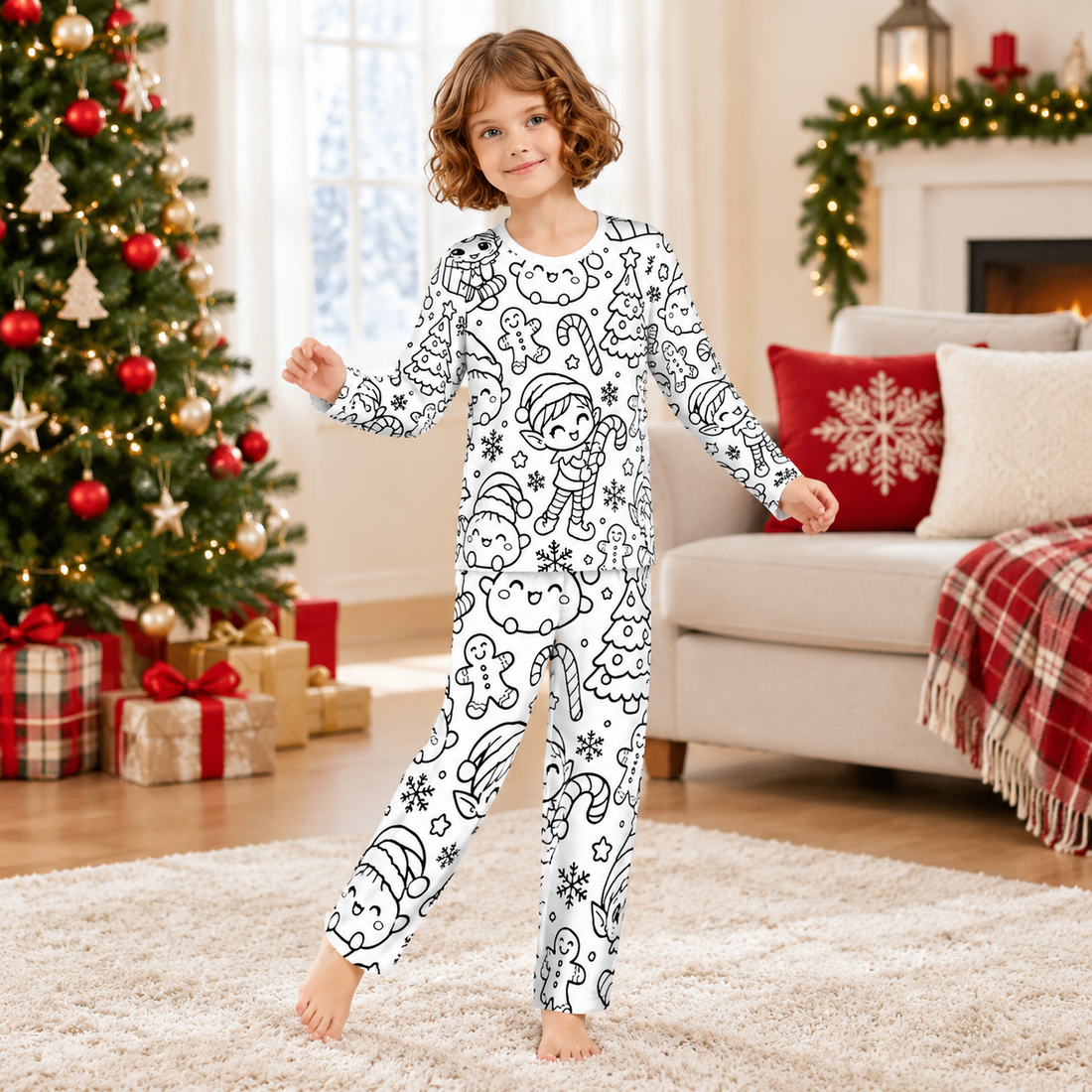 Kids Long Sleeve Pajama Set Kawaii Christmas Elf Pattern
